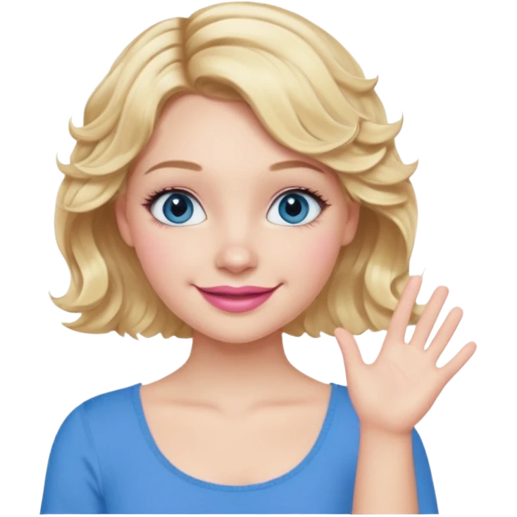 Girl Blonde short wavy hair,  blue eyes, cute blue top, long lashes, pink lips, smiling, one hand 🤷🏼‍♀️  emoji