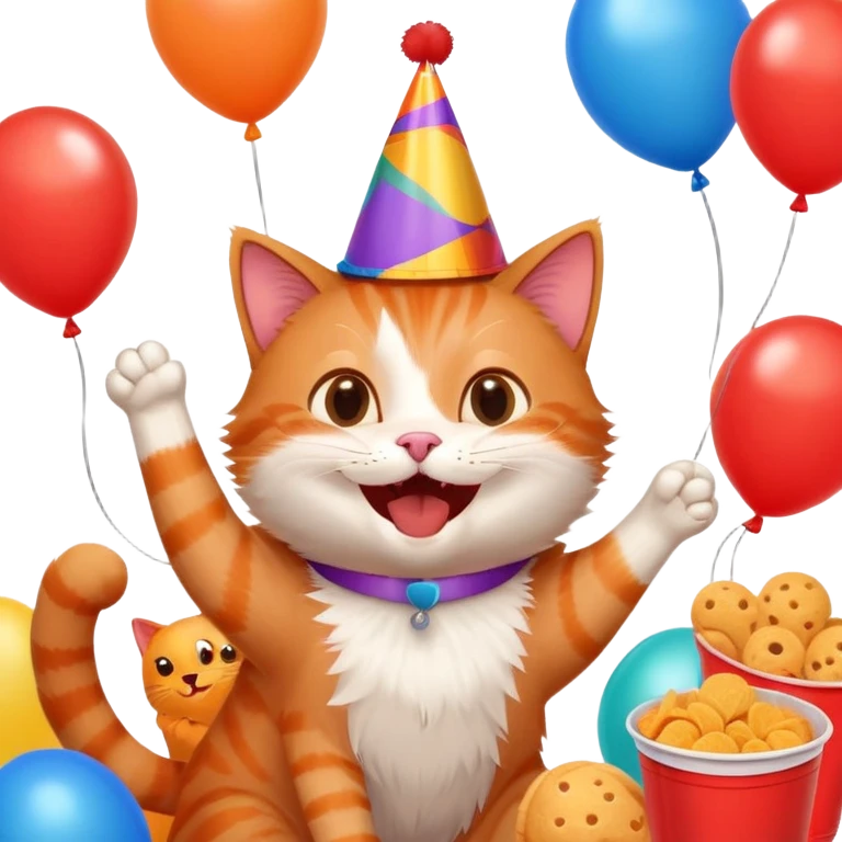 cat laughing with friends, surrounded by balloons and snacks, college party scene emoji