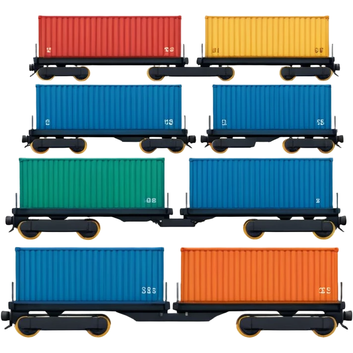 A 3D cartoon cargo train with colorful containers on flatbed cars, industrial background, Memoji-style realism. emoji