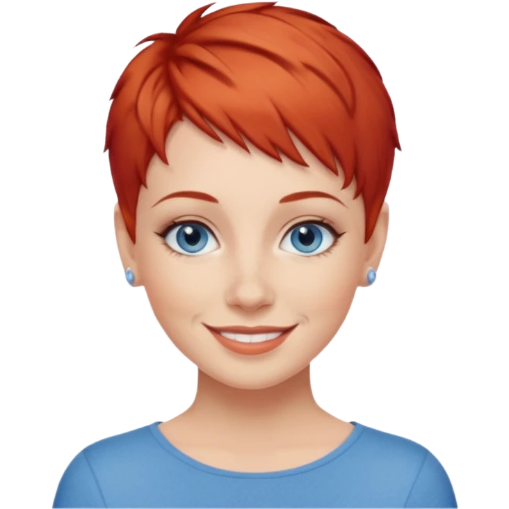 27 year old white woman, red hair, pixie cut, blue eyes emoji