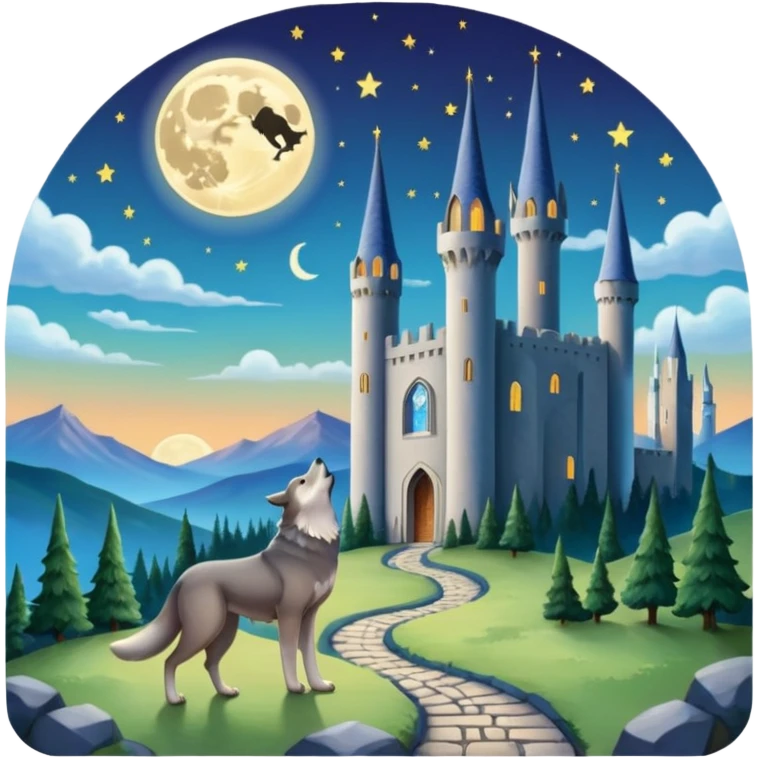 tarot card featuring The Moon, large crescent moon in the sky, two towers, path leading into the distance, dog and wolf howling, mysterious and dreamlike atmosphere emoji