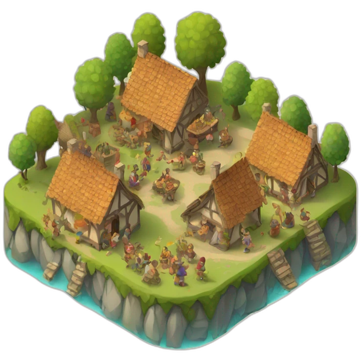 isometric view of a medieval village, festival mood, celebration, people celebrating emoji
