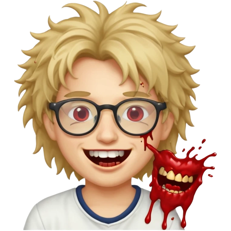 Cabelo bagunçado com oculos sorrindo com metade do rosto com dente de ouro e saindo sangue da boca  emoji