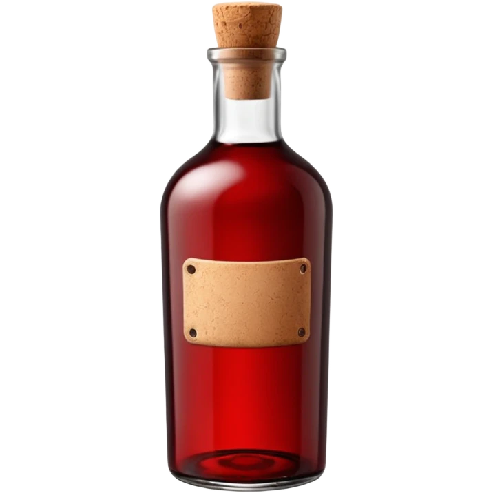 dark glass bottle, deep red hue through glass, cork or screw cap, plain or lightly detailed label, classic robust shape, no glass or branding, soft lighting, emoji scale emoji