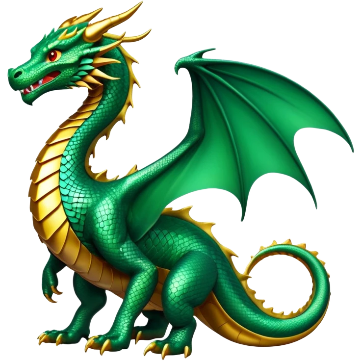 cinematic-noble-dragon-full body-emoji,-poised-and-majestic,-with-a-sinuous,-elongated-build-and-shimmering,-scale-covered-skin-in-hues-of-emerald-and-gold,-piercing,-fiery-eyes,-simplified-yet-sharp-and-sophisticated-features,-highly-detailed, zoomed out showing the serpentine body emoji