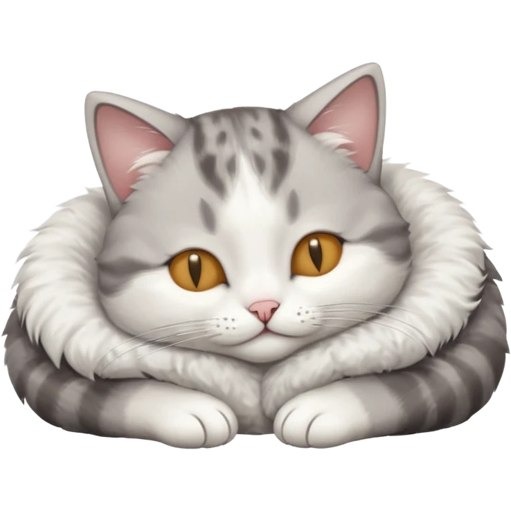 grey and white small cat with eyes closed lying down upside down with its head resting own paw emoji