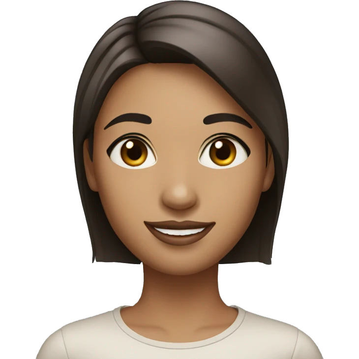 Beautiful girl with short straight darklight hair, thin lips, thin eyebrows, smiling. emoji