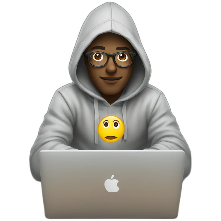 Man wearing glasses and hoodie sit Infront of laptop emoji