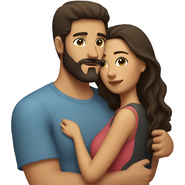 Man with dark brown hair and beard and female with dark brown hair cuddling in bed  emoji