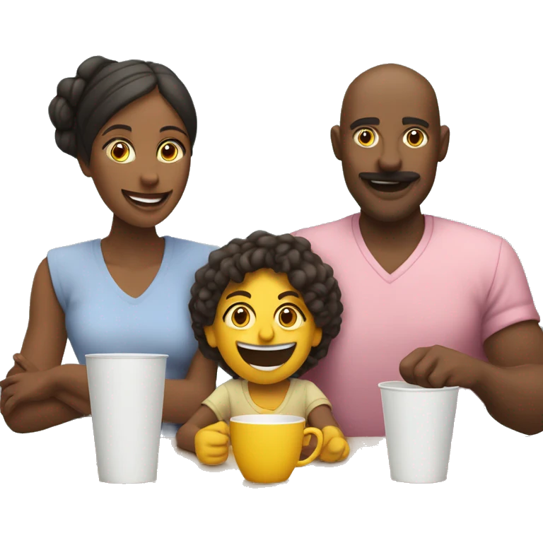 An emoji of a family—mother, father, and child—sitting at a table, playing a cup game with paper cups arranged on the table as they have fun together emoji