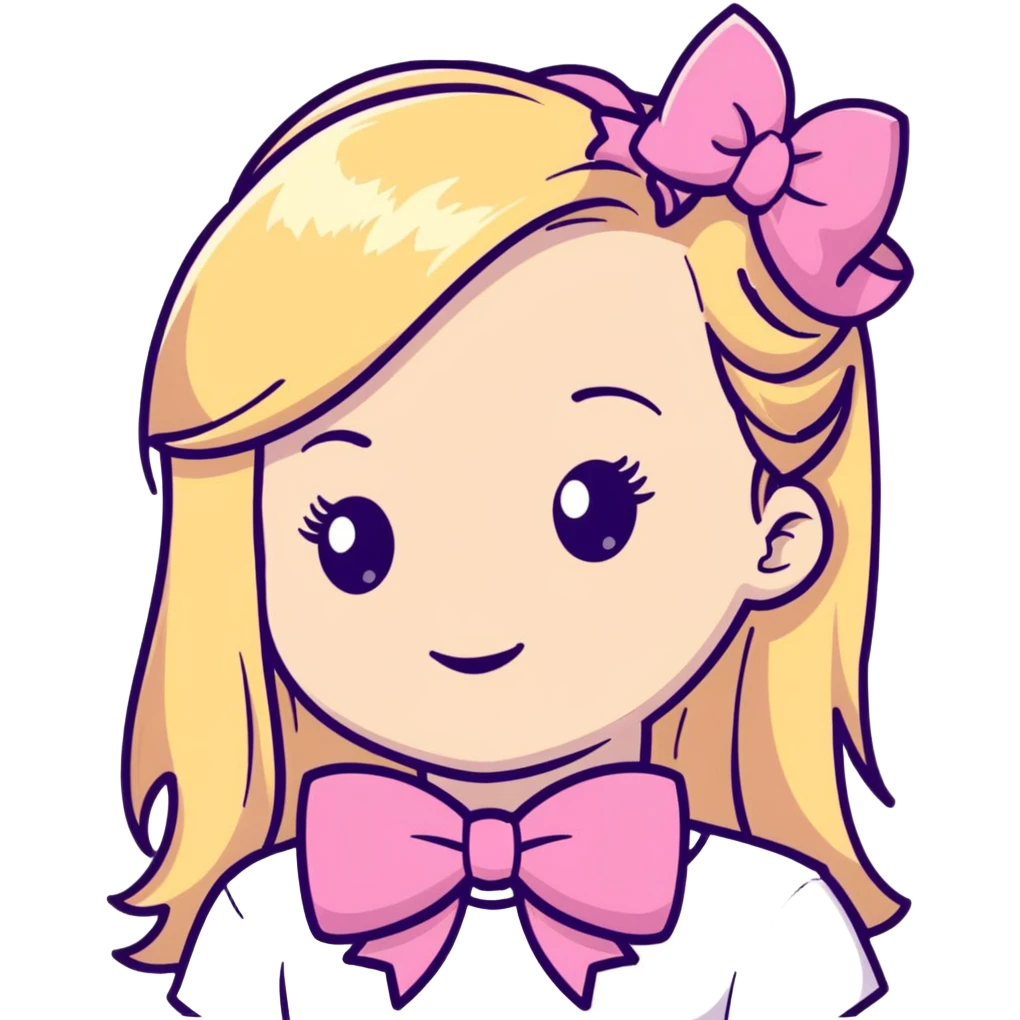 Pretty blonde bombshell girl with long hair and highlights. She has long eyelashes and a pink bow in her hair. emoji