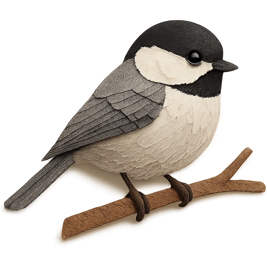 very detailed chickadee perched on a tree branch, intricate cut paper textures, soft gray and white feathers emoji