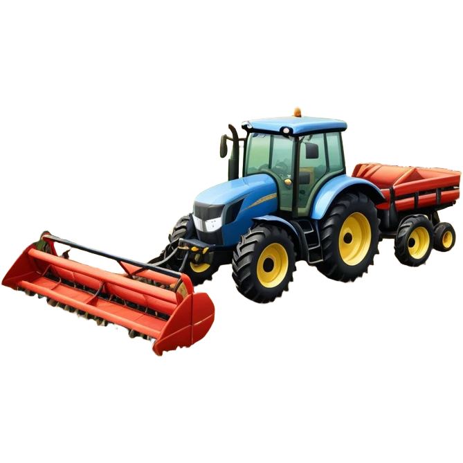 An icon representing a farming simulator, with a detailed tractor plowing fields under a bright sky with rural landscape. The design includes farming tools, crops and barns, symbolizing the immersive experience of managing a farm. Transparent background. emoji