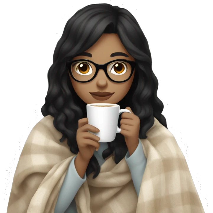 girl with black hair and glasses, white skin, drinking coffee wearing blanket. use all pastel, nude colors emoji