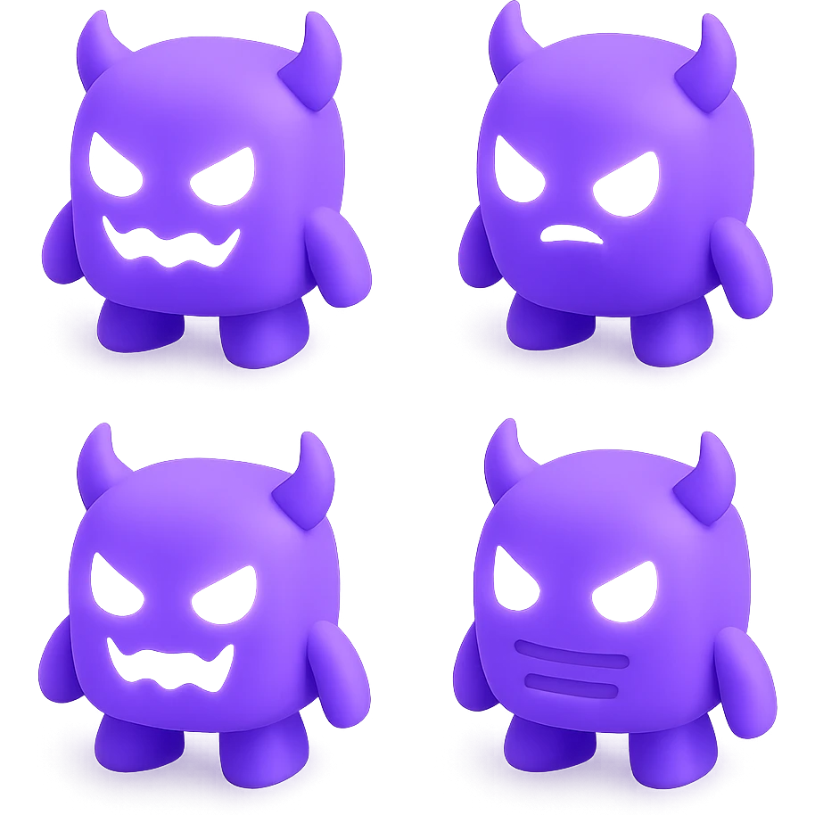 purple demon bot, menacing but cute, glowing eyes, small horns, four distinct variations emoji