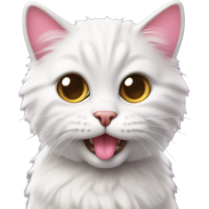 A close-up image of a cute and fluffy cat with big eyes and a pink tongue sticking out, looking directly at the camera with a playful expression. emoji