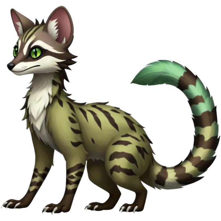 Feral Rare Fantasy dark tropical Vernid-Sergal-Genet-Trico-species by LiLaiRa, random markings, tufted tail, tufted ears, full body emoji