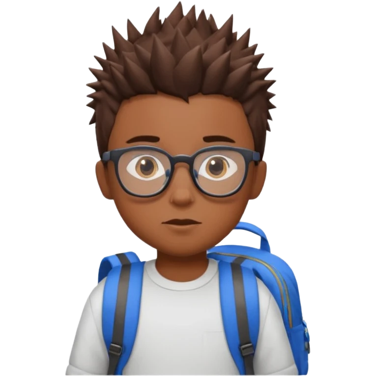 a boy with spikey short brown hair and blue eyes, glasses, backpack emoji