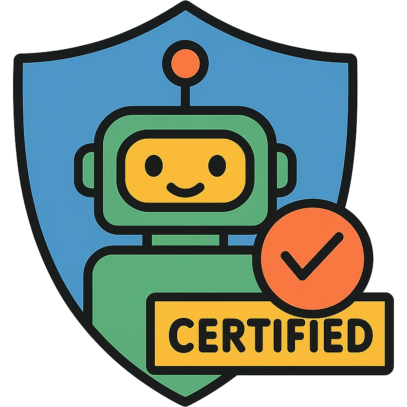 certified safe AI robot inside a protective shield, clear safety badge, modern and friendly look, icon style emoji