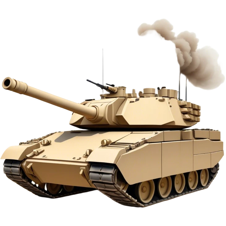 M1 Abrams (2022) – Cinematic-realistic M1 Abrams tank, its imposing desert-tan frame rolling across a war-torn battlefield. The massive 120mm smoothbore cannon swings into position, its engine roaring as it crushes debris under its heavy treads, dust and smoke swirling in the fiery glow of distant explosions. emoji
