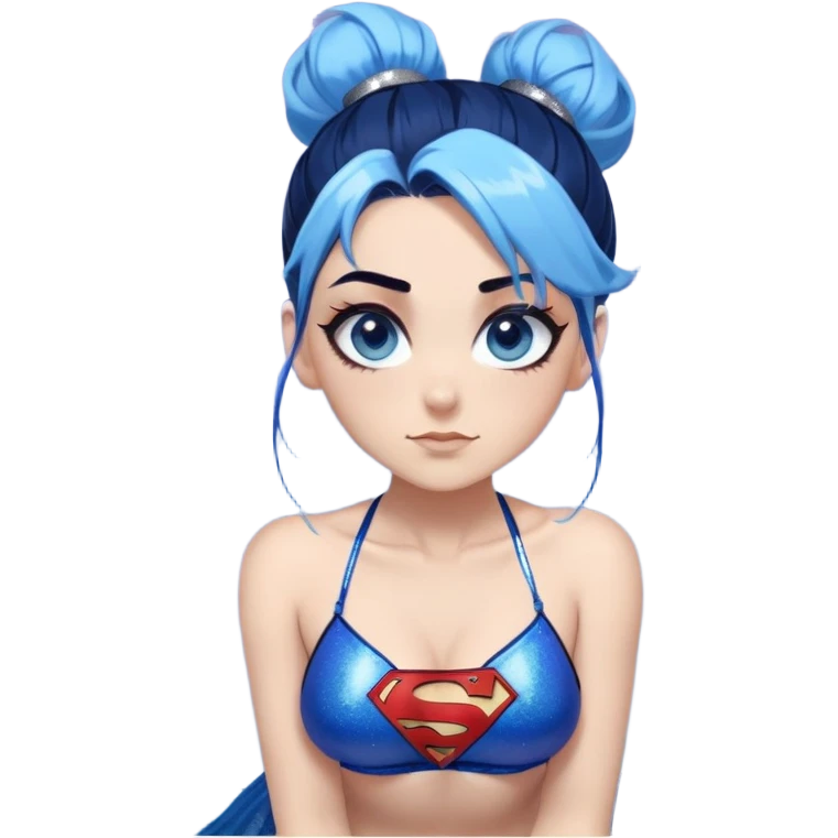 Front view-very very very large chest-playful face-posing on knees-very long straight flowing dark blue to light blue hair ombre in a messy bun-blue eyes-black eyeliner-long eyelashes-iridescent sting bikini top with glitter superman logo-playful emoji