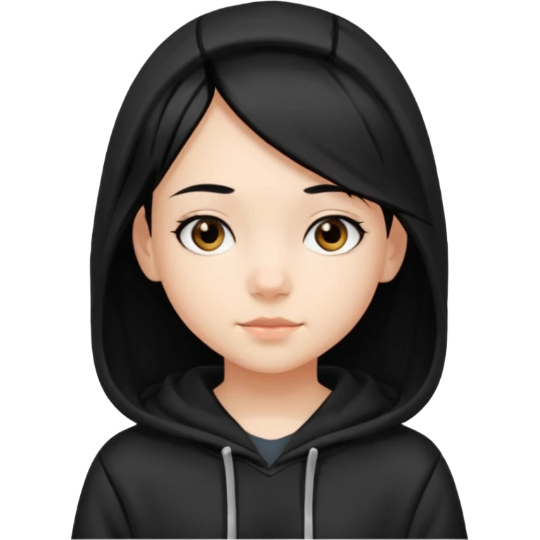 후드티 입은 초딩여자 아이. 검은색 후드티와 검은 머리.  emoji