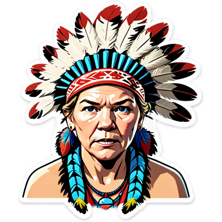 Make a picture of Senator Elizabeth Warren with a traditional Native American headdress make it realistically cartoonish without the braids really accentuate  her wrinkles make her hair blonder and get rid of the headdress besides make her look afraid  emoji