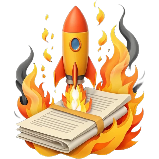Rocket launching from stack of papers, fire trail, minimal flat design emoji