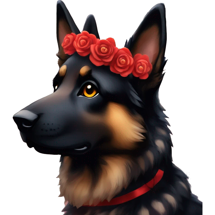 Bokeh Midnight starry night stars dark Brindled striped brindle black German shepherd fox carrying glowing red lantern, fairy lights, rose flower crown, bokeh lights, out of focus blur emoji