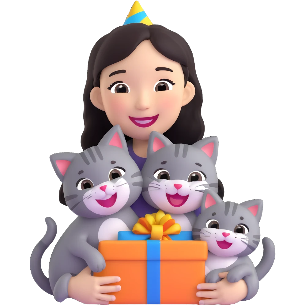 asian girl laughing, holding a grey cat, birthday party emoji
