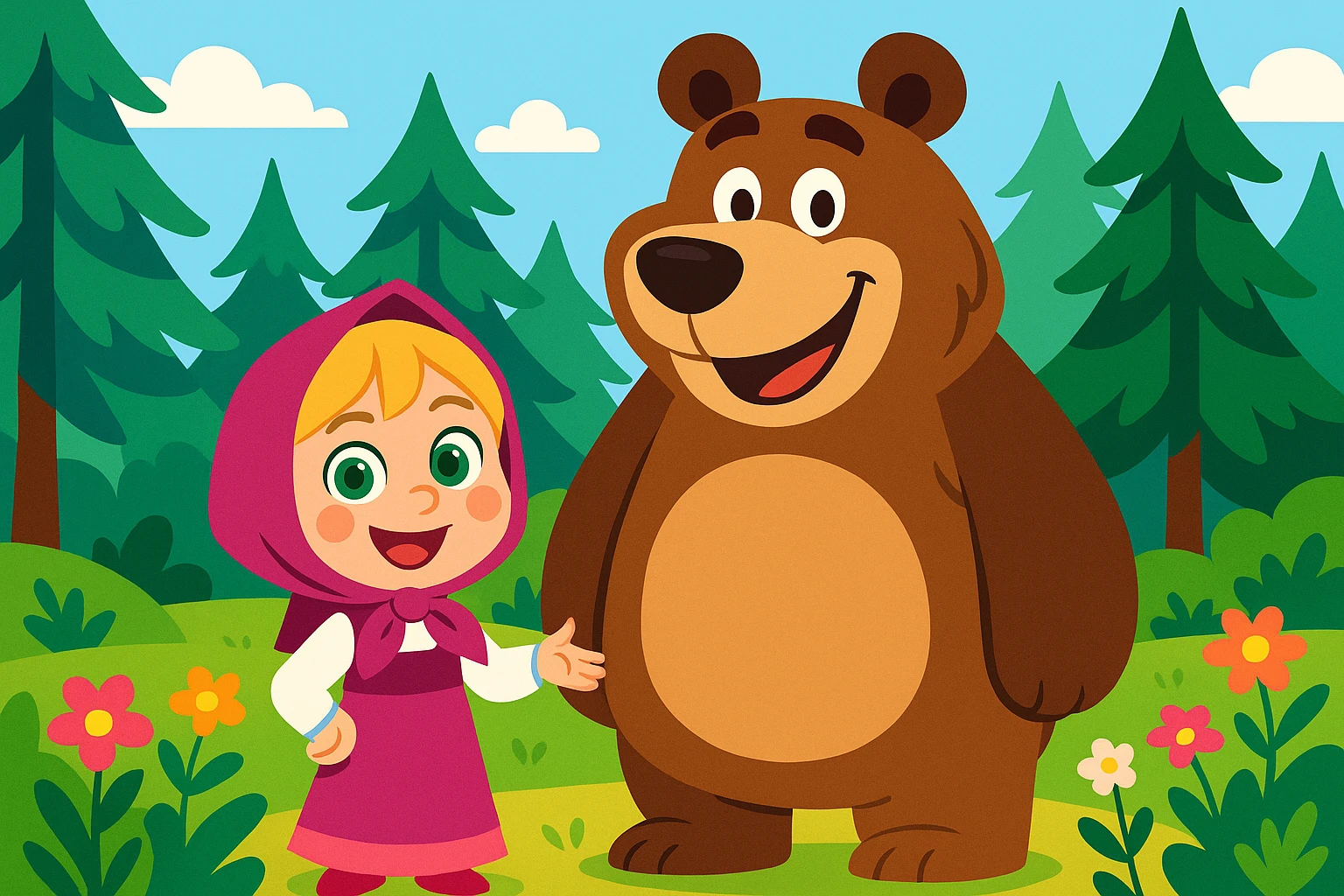 whimsical cartoon scene: smiling blonde girl with green eyes, pink dress and headscarf, next to a big friendly brown bear in a lush green forest with tall pines and colorful flowers, bright clean background emoji