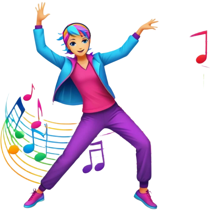 An icon showing vibrant musical notes and rhythm bars, inspired by Muse Dash. The design features colorful, dynamic elements flowing in sync with the beat, with a character dancing in the background. Bright, energetic visuals emphasize the excitement of rhythm-based gameplay. Transparent background. emoji