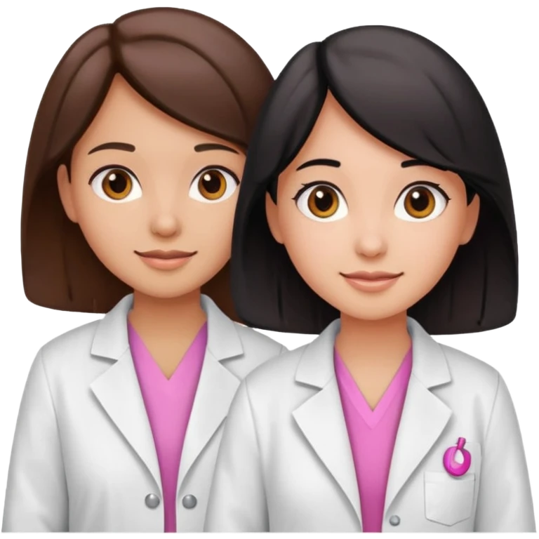 cientificas con blusa rosa y bata blanca felices, una chica con pelo marrón y otra chica un poco mas pequeña con pelo negro, deben tener la piel un poco brinceadas emoji