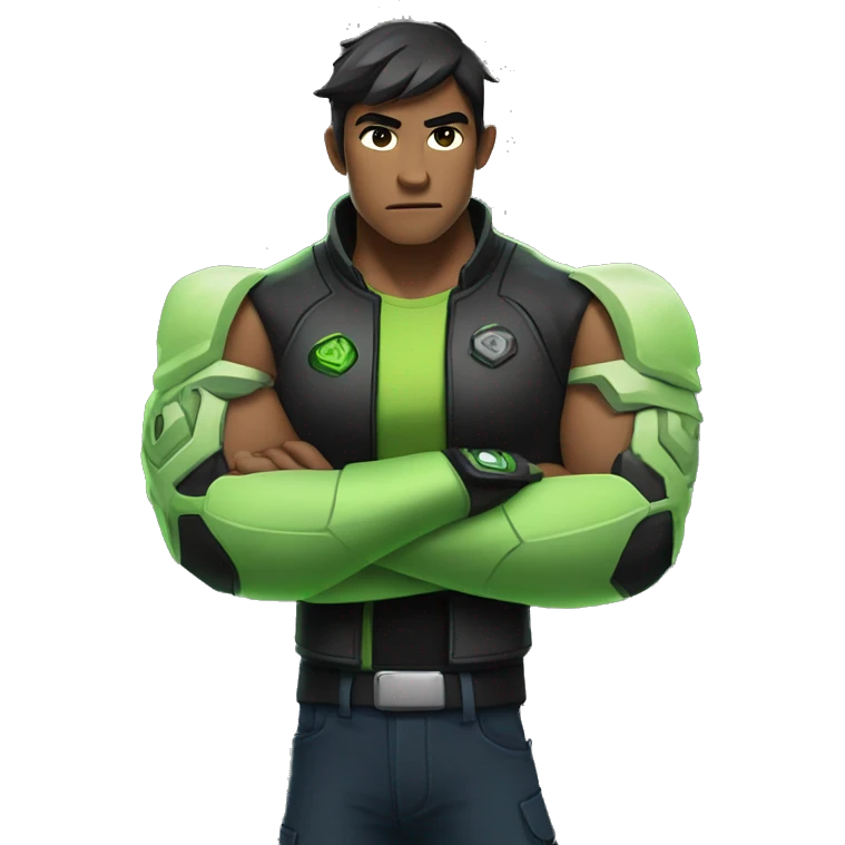 Omnitrix asain, arms folded side looking, standing half body emoji