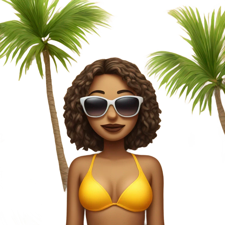 girl lies on the sand in a swimsuit and sunglasses, against the backdrop of a palm tree emoji