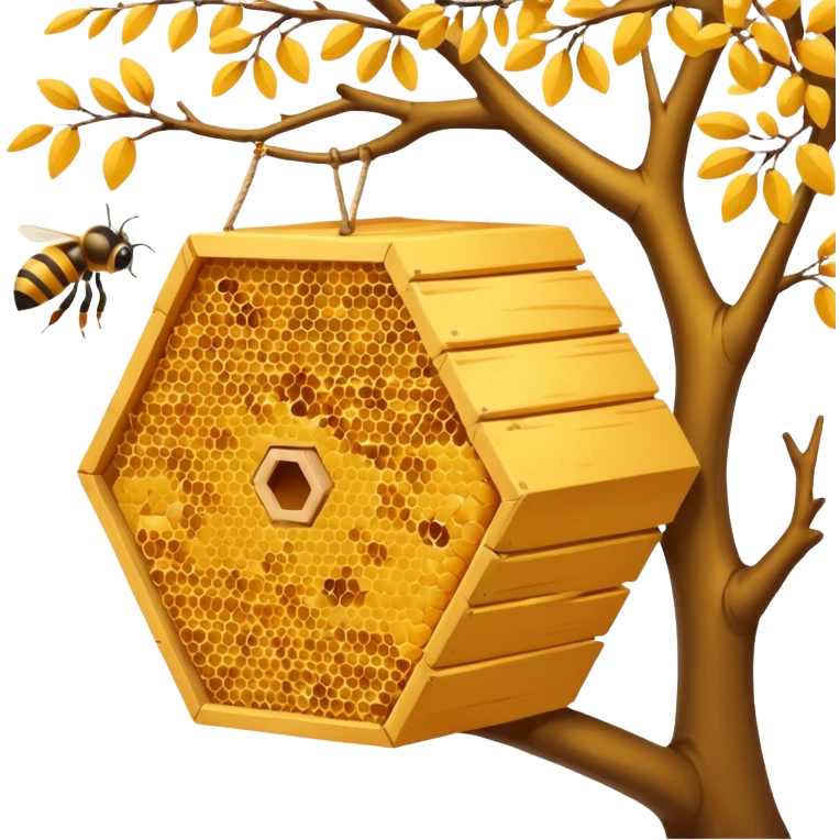 A small hive nestled between tree branches with worker bees. emoji