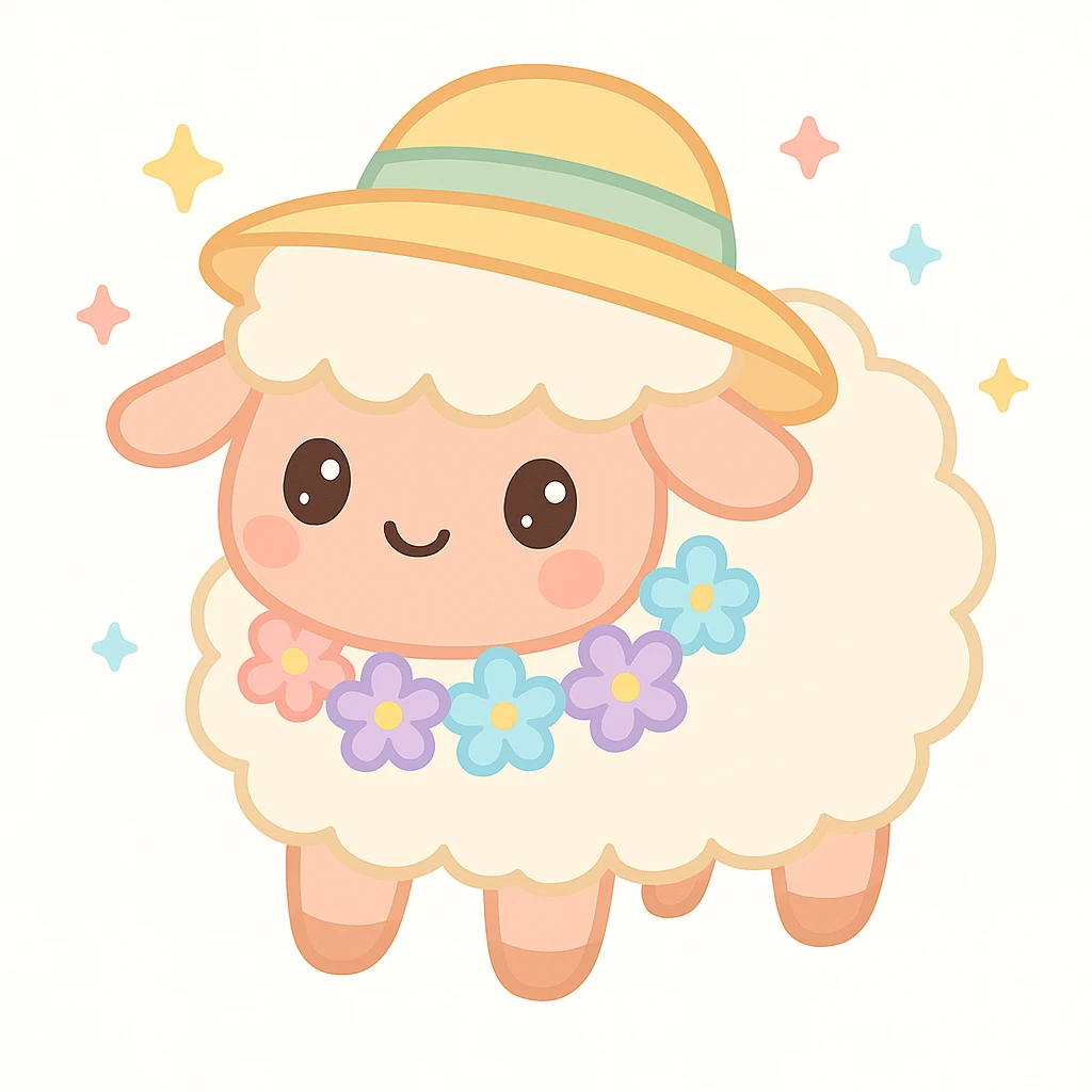 Add a flower necklace and a sun hat to the kawaii fluffy sheep, keeping the cute and soft kawaii style with fluffy texture and pastel colors. emoji