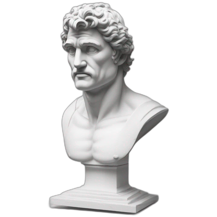 estátua dos pés a cabeça de um homem musculoso igual a Roma antiga. Mármore branco. Sem roupas. O bico do peito está em destaque, em seguida a V-Line da cintura. Sem roupa. emoji