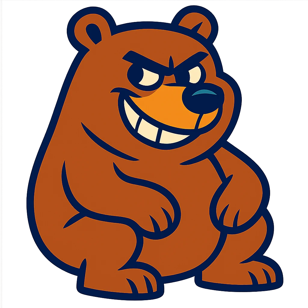 vibrant cartoon style grizzly bear with a mischievous smile emoji