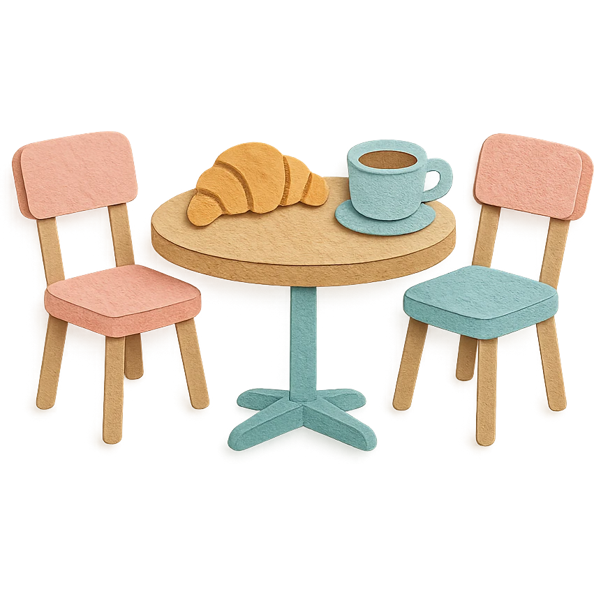 kawaii coffee shop table and chairs set with croissant and coffee, soft pastel hand-drawn illustration emoji
