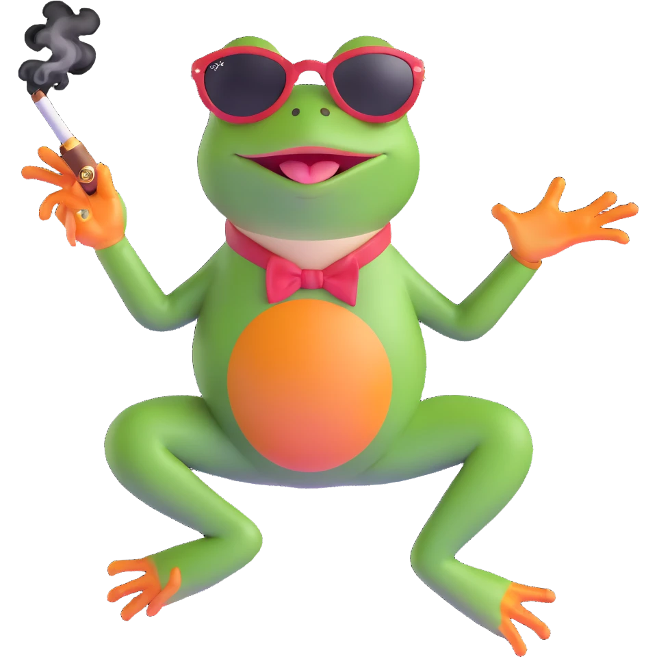 frog leaping, wearing ray bans, satisfied expression, smoking a cigar emoji