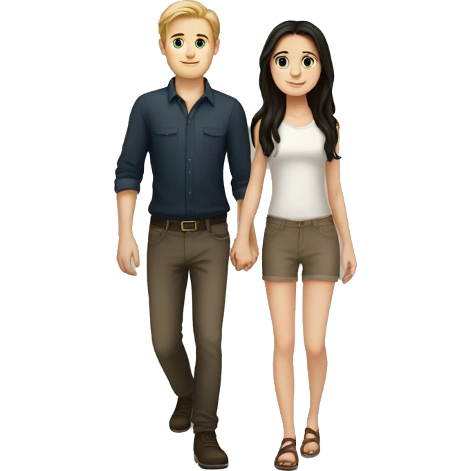 A small European white girl with dark hair and a tall European white boy with dark hair holding hands emoji