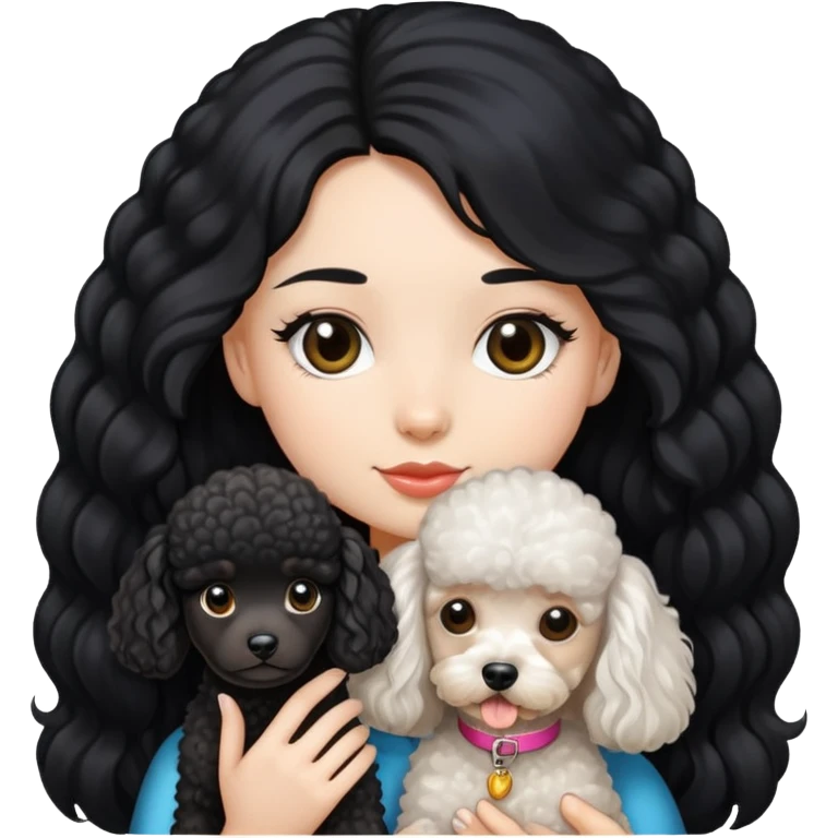 A girl with long black hair and fair skin, and a miniature Poodle. emoji