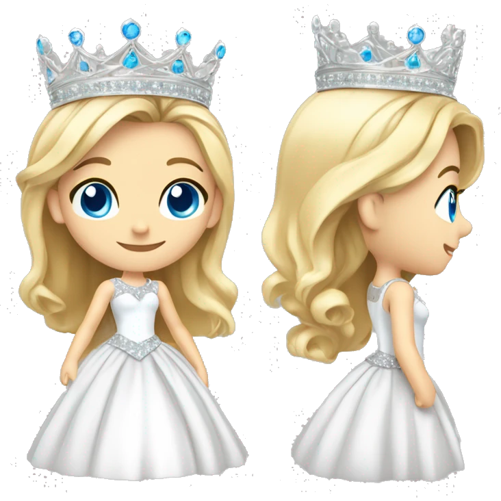 13 year old girl with blonde hair and blue eyes wearing a sparkly all white pageant gown and a silver only crown full body emoji