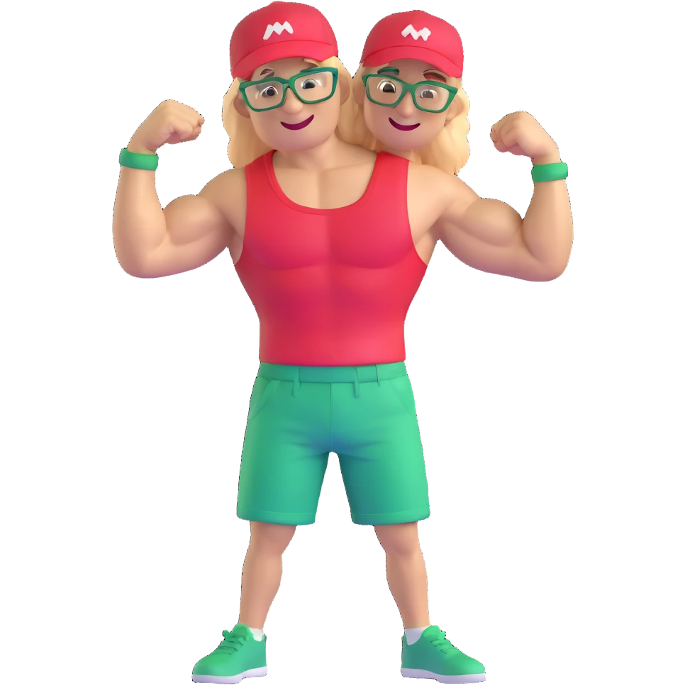 Man with black and white cap, bare torso, red shorts, clear glasses, messy light blond mullet hairstyle, smiling and flexing muscles emoji