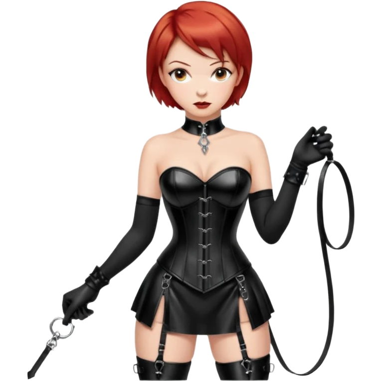 mistress, ragazza dominante, capelli rossi corti, sguardo serio, corsetto in pelle nero lucido, minigonna in latex, frusta in mano, guanti lunghi neri, calze autoreggenti nere, tacchi alti, schiavo con collare e guinzaglio legato alla mano della ragazza emoji