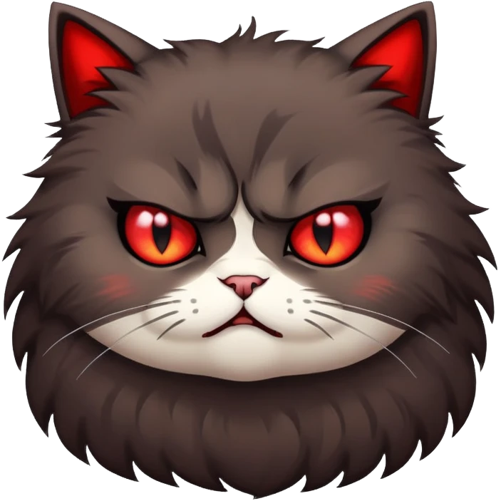 a dark-brown fluffy cute kawaii anime cat with angry red eyes emoji