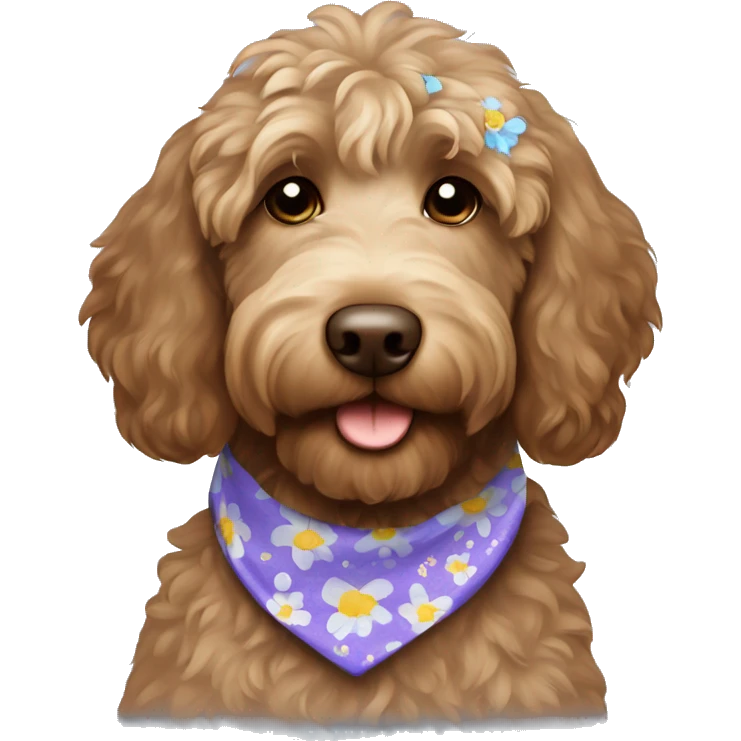 Brown labradoodle with a flower bandana emoji