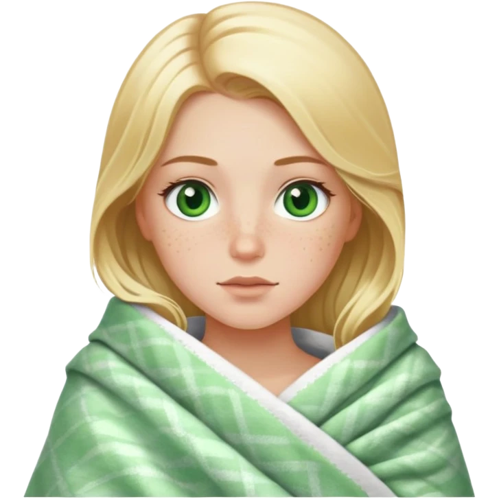 Beautiful white girl with and blonde with green eyes and freckles wrapped in a blanket emoji