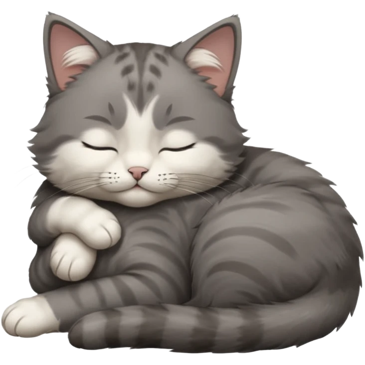 dark grey and white small cat with closed eyes, leaning his head on his paw while leaning on his elbow lying down emoji